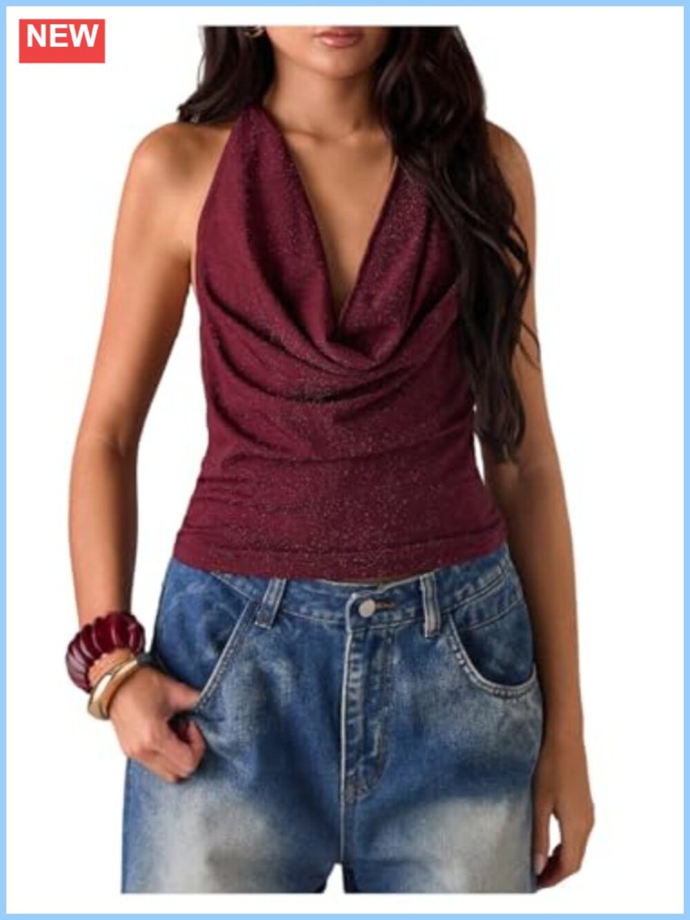 Sparkly Open Back Halter Top Y2K Cowl Neck Slim Fit Party Top